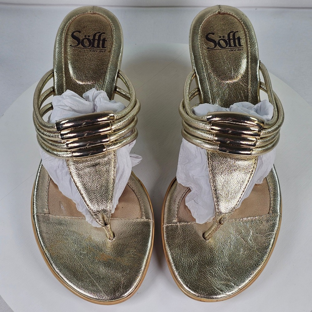 Sofft Gold Metallic Leather Wedge Thong Sandals Womens 7.5 M 1259095 Strappy - Picture 5 of 9